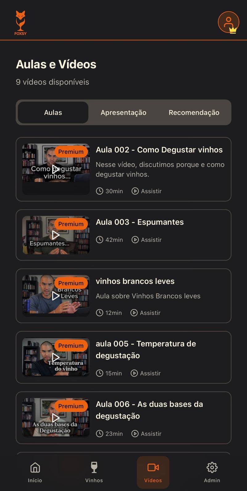 Aulas e vídeos